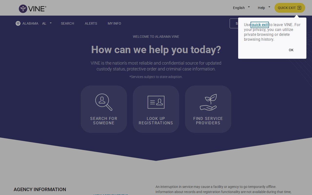 Alabama VINE Washington County custody notification interface