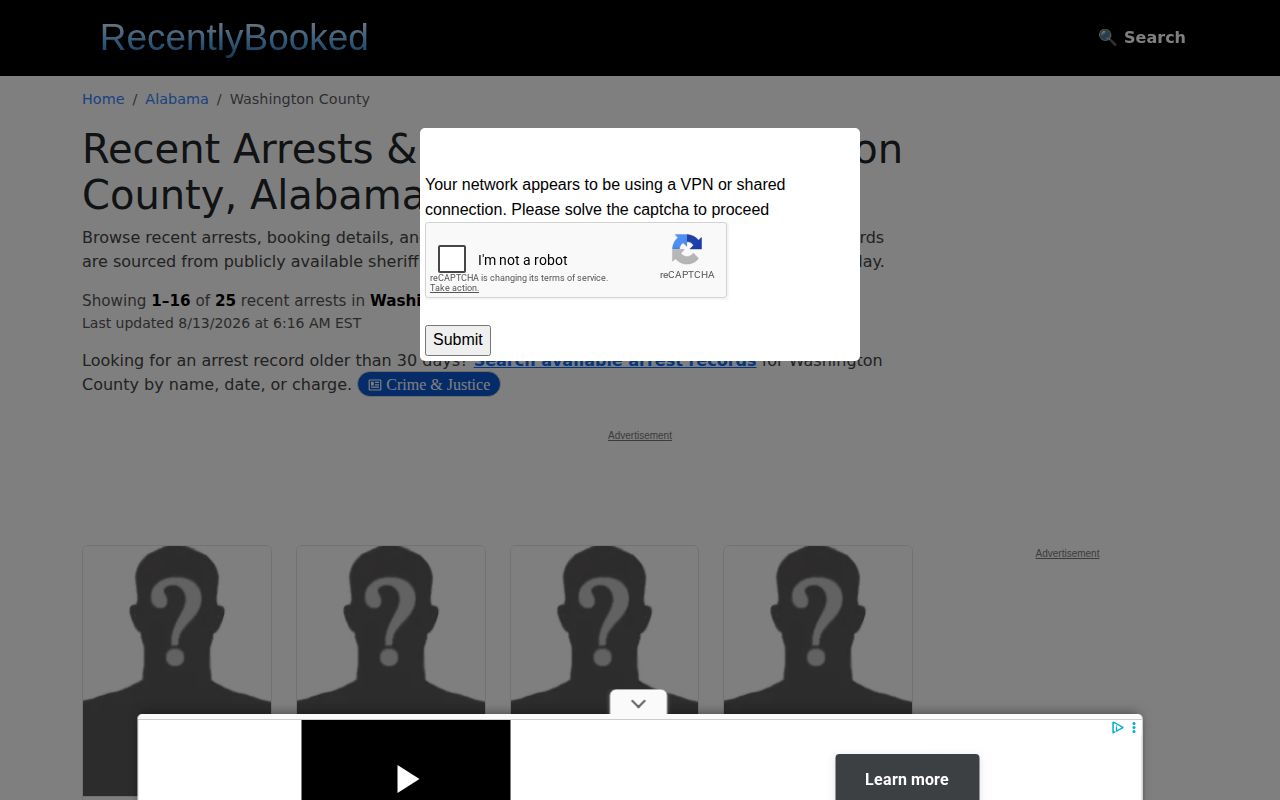 Washington County unofficial recent booking page and update language